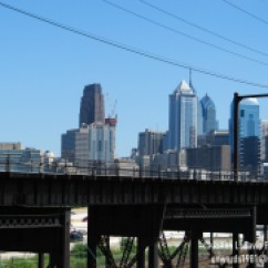 The Philadelphia skyline from a disadvantaged angle.